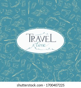Color travel poster with inscription, suitcase, map, umbrella, passport and wallet