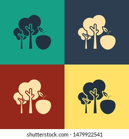 Color Tree with apple icon isolated on color background. Agricultural plant. Organic farm product. Gardening theme. Vintage style drawing. Vector Illustration