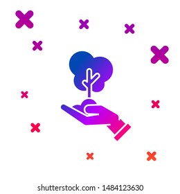 Color Tree in hand of environmental protection icon isolated on white background. Seed and seedling. Planting sapling. Ecology concept. Gradient random dynamic shapes. Vector Illustration