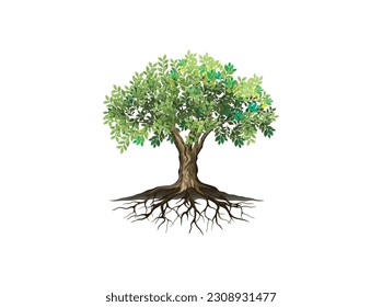 Árbol de colores y raíces. Ilustración vectorial.