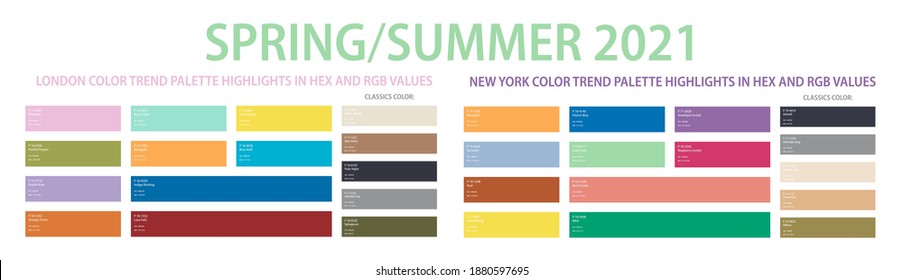 Color trend 2021 spring, summer palette in HEX and RGB values. Set of year trend color matching fashion, home, interiors design, vector illustration. Color swatch trend spring and summer 2021 year.