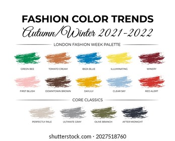 Color Trend Autumn – Winter  2021 - 2022. London Fashion Week Report. Trendy Colors Palette Guide. Brush Strokes Of Paint Color With Names Swatches. Vector Template For Your Creative Designs.