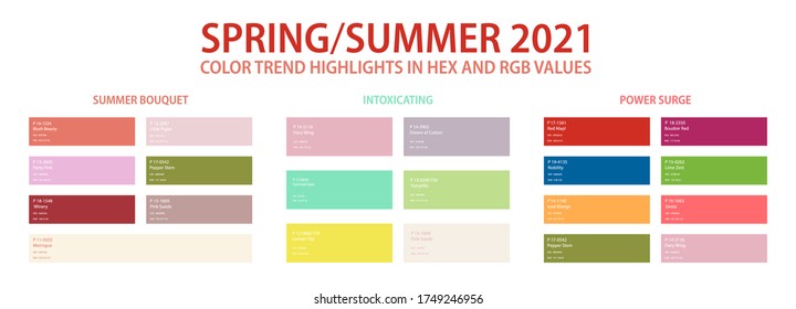 Color trend palette 2021 spring, summer in HEX and RGB values. Set of year trend color for fashion, home, interiors design, vector illustration. Color swatch trend spring and summer 2021 year. - Shutterstock ID 1749246956