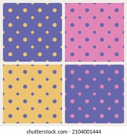 Color trend of the year 2022 very peri. Seamless polka dot pattern background set. Design texture elements for fabric, tile, banner, template, card, cover, poster, backdrop, wall. Vector illustration.