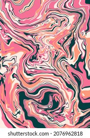 Color trends in 2022. Fluid Art. Beautiful Green, Calming Coral, Pacific Pink overflowing colors. Abstract background with swirling paint effect. Liquid acrylic picture that flows and splashes