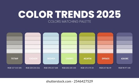 Color Trends 2025 Farbpaletten oder Farbschemata sind Trends Kombinationen und Palettenführer in diesem Jahr, eine Tabelle Farbschattierungen in RGB oder HEX. Farbmuster für eine Frühlingsmode, ein Zuhause oder ein Innendesign