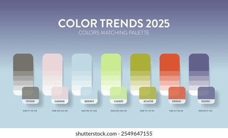 Color Trends 2025 color palettes or colour schemes are trends combinations and palette guides this year, a table color shades in RGB or HEX. Color swatch for a spring fashion, home, or interior design