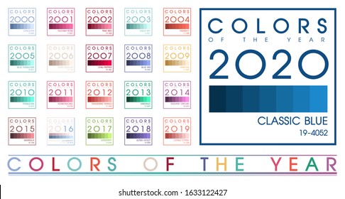 Color trends of the year from 2000 to 2020 with white frame over the color palette. Colour palette trends of the year for design decoration. Classic Blue trends colors of 2020.