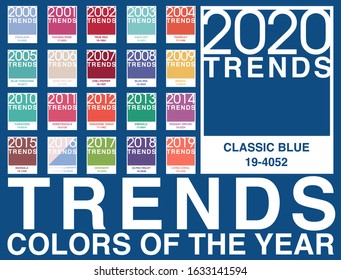 Color trends of the year from 2000 to 2020 with white frame over the color palette. Colour palette trends of the year for design decoration. Classic Blue trends colors of 2020.