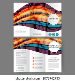 Color tri fold business brochure design template with abstract lines and waves