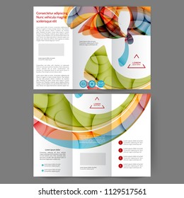 Color tri fold business brochure design with abstract lines and waves