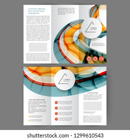 Color tri fold business brochure design with abstract lines and waves