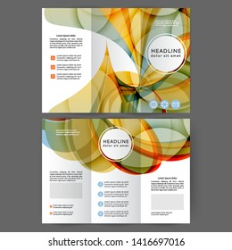 Color tri fold business brochure design with abstract lines and waves