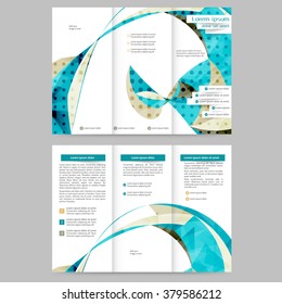 Color tri fold business brochure design template with abstract lines and waves 