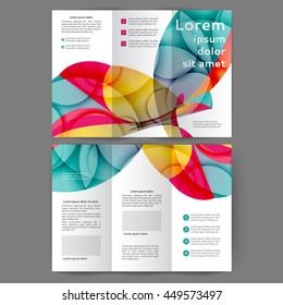 Color tri fold business brochure design template. Brochure layout with abstract lines and waves