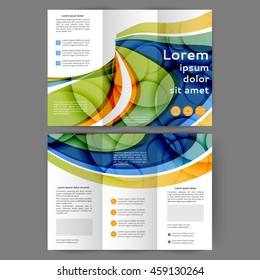 Color tri fold business brochure design template with abstract lines and waves