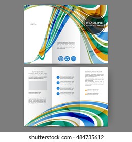 Color tri fold business brochure design template with abstract lines and waves