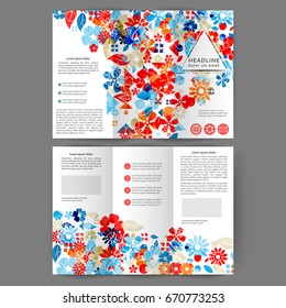 Color tri fold business brochure design template with abstract floral background