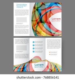 Color tri fold business brochure design with abstract lines and waves