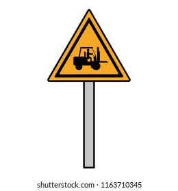 color triangle caution emblem and laborer with forklift