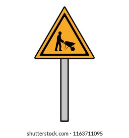 color triangle caution emblem and laborer with wheelbarrow