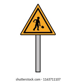 color triangle caution emblem and laborer with shovel