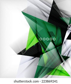 Triángulos de color, fondo abstracto inusual. Composición 3d de papel realista con sombras y elementos brillantes, diseño de concepto de origami