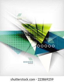 Color triangles, unusual abstract background. Realistic paper 3d composition with shadows and glossy elements, origami concept layout