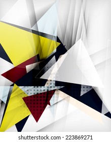 Triángulos de color, fondo abstracto inusual. Composición 3d de papel realista con sombras y elementos brillantes, diseño de concepto de origami