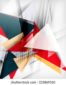 Color triangles, unusual abstract background. Realistic paper 3d composition with shadows and glossy elements, origami concept layout
