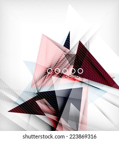 Color triangles, unusual abstract background. Realistic paper 3d composition with shadows and glossy elements, origami concept layout