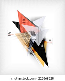 Color triangles, unusual abstract background. Realistic paper 3d composition with shadows and glossy elements, origami concept layout