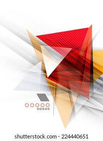 Color triangles, unusual abstract background. Realistic paper 3d composition with shadows and glossy elements, origami concept layout
