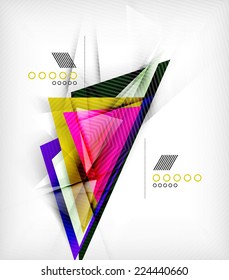 Triángulos de color, fondo abstracto inusual. Composición 3d de papel realista con sombras y elementos brillantes, diseño de concepto de origami