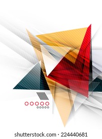 Color triangles, unusual abstract background. Realistic paper 3d composition with shadows and glossy elements, origami concept layout