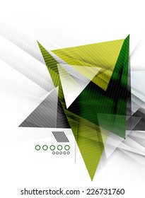 Triángulos de color, fondo abstracto inusual. Composición 3d de papel realista con sombras y elementos brillantes, diseño de concepto de origami