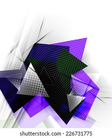 Color triangles, unusual abstract background. Realistic paper 3d composition with shadows and glossy elements, origami concept layout