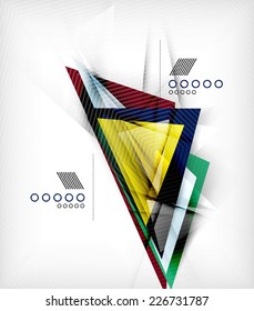 Color triangles, unusual abstract background. Realistic paper 3d composition with shadows and glossy elements, origami concept layout