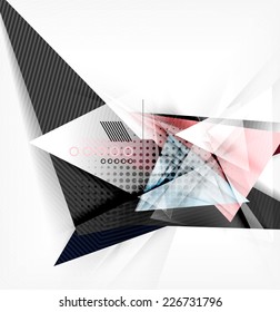 Color triangles, unusual abstract background. Realistic paper 3d composition with shadows and glossy elements, origami concept layout