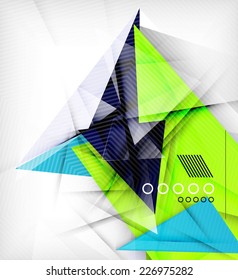 Color triangles, unusual abstract background. Realistic paper 3d composition with shadows and glossy elements, origami concept layout