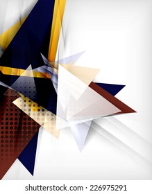 Color triangles, unusual abstract background. Realistic paper 3d composition with shadows and glossy elements, origami concept layout