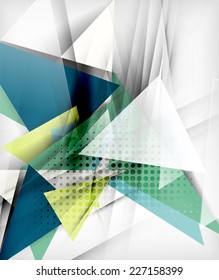 Color triangles, unusual abstract background. Realistic paper 3d composition with shadows and glossy elements, origami concept layout