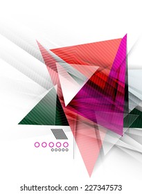Color triangles, unusual abstract background. Realistic paper 3d composition with shadows and glossy elements, origami concept layout