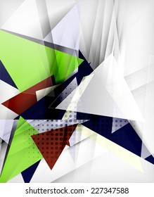 Color triangles, unusual abstract background. Realistic paper 3d composition with shadows and glossy elements, origami concept layout