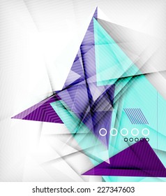 Color triangles, unusual abstract background. Realistic paper 3d composition with shadows and glossy elements, origami concept layout