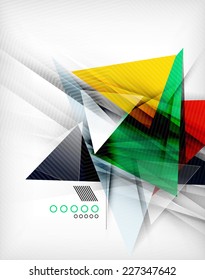 Color triangles, unusual abstract background. Realistic paper 3d composition with shadows and glossy elements, origami concept layout