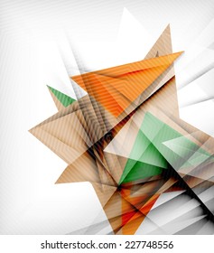 Color triangles, unusual abstract background. Realistic paper 3d composition with shadows and glossy elements, origami concept layout