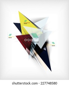 Color triangles, unusual abstract background. Realistic paper 3d composition with shadows and glossy elements, origami concept layout