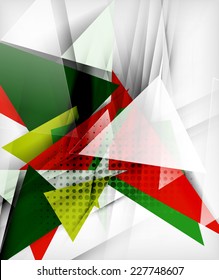 Color triangles, unusual abstract background. Realistic paper 3d composition with shadows and glossy elements, origami concept layout