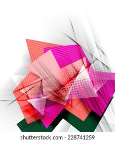 Color triangles, unusual abstract background. Realistic paper 3d composition with shadows and glossy elements, origami concept layout